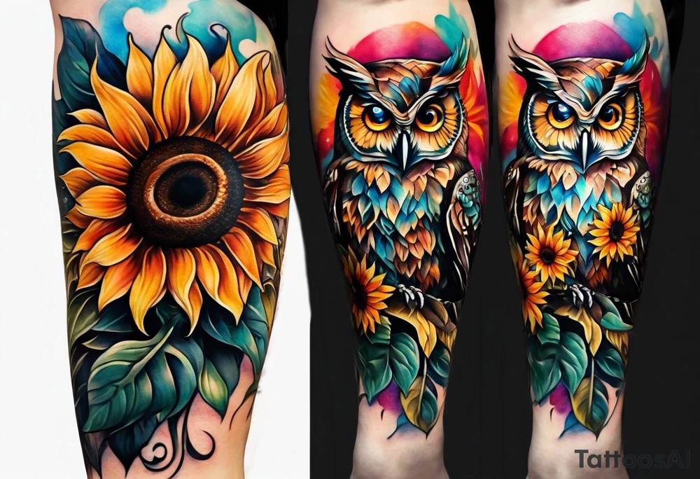 Leg sleeve with colorful sunflowers and an owl tattoo idea