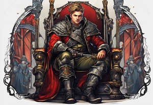 a german prince is dressed as a solider and sitting on a thronw with a sceptor in one hand and a knife in the other tattoo idea