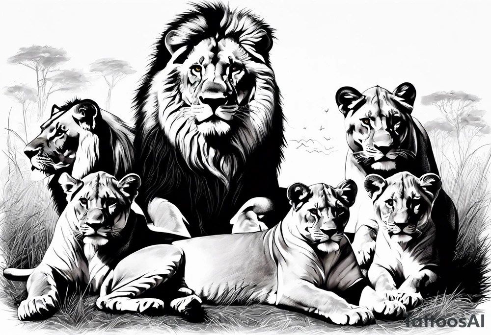 Full sleeve tattoo depicting a large lion protecting his lioness and 6 lion cubs. Background should depict a safari scene tattoo idea