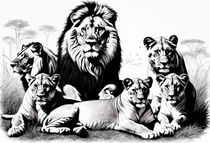 Full sleeve tattoo depicting a large lion protecting his lioness and 6 lion cubs. Background should depict a safari scene tattoo idea