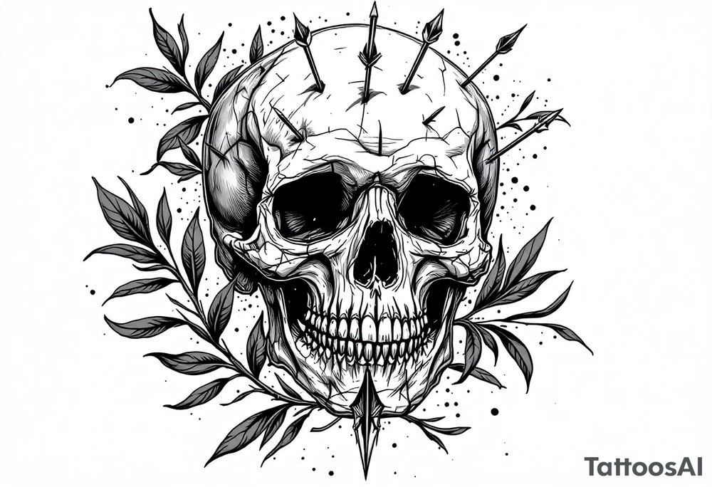 a skull whose head would be pierced by needles under the head come down an  arrow and surrounded around by a olive tree leaf tattoo idea