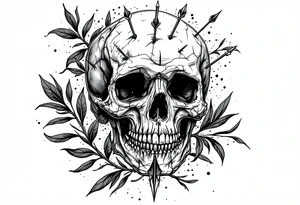 a skull whose head would be pierced by needles under the head come down an  arrow and surrounded around by a olive tree leaf tattoo idea