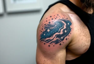 This tattoo combines quote “Through hardships to the stars” with silver star trails over a midnight blue sky on the upper arm. tattoo idea
