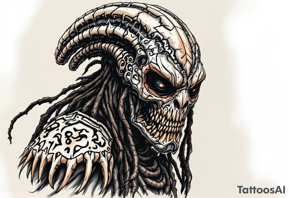 Primal Stalker Hunter – A war-hardened extraterrestrial warrior with dark brown and black mottled skin, covered in deep battle scars. Wears bone-plated armor from past conquests with primitive carvings. tattoo idea