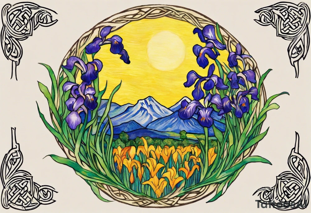 Create a small colorful Vincent van Gogh Irises tattoo in the form of a crescent, with vines or Celtic knots gracefully intertwining at a central point in the middle of the wreath.  In the middle of the wreath are mountains and other items found in New Mexico. Ensure that the design avoids the appearance of a bush and maintains a more structured and deliberate arrangement. The intended placement is on the upper chest. The overall design should be small in size while maintaining a delicate and artistic aesthetic. Pay attention to the graceful flow of the vines and the placement of the irises to achieve a refined and elegant look. tattoo idea