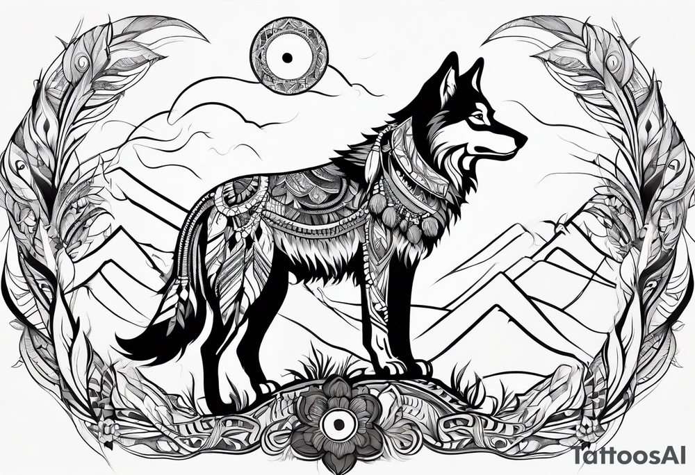 abstract organic line artwork woman, native american, wolf tattoo idea