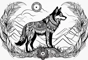 abstract organic line artwork woman, native american, wolf tattoo idea
