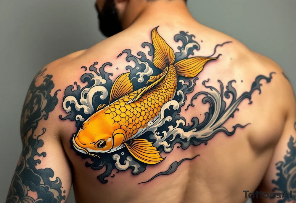 Yellow Koi with Wind Bars and Smoke – A bright yellow koi swimming through stylized Japanese wind bars and curling gray smoke, conveying motion and mystique. tattoo idea