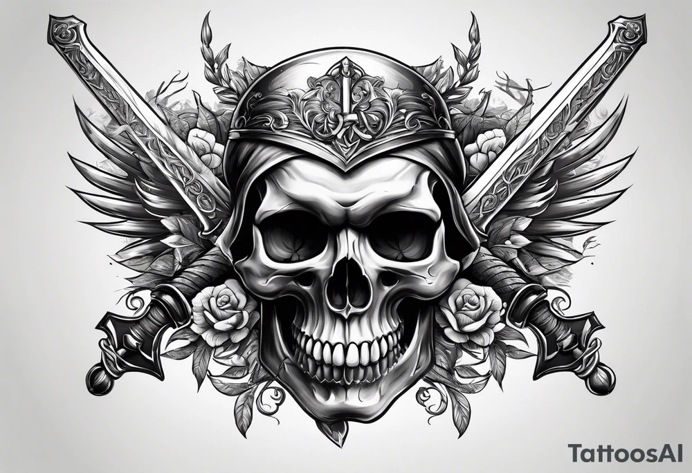 Skull with sword through it and laurel wreath. tattoo idea
