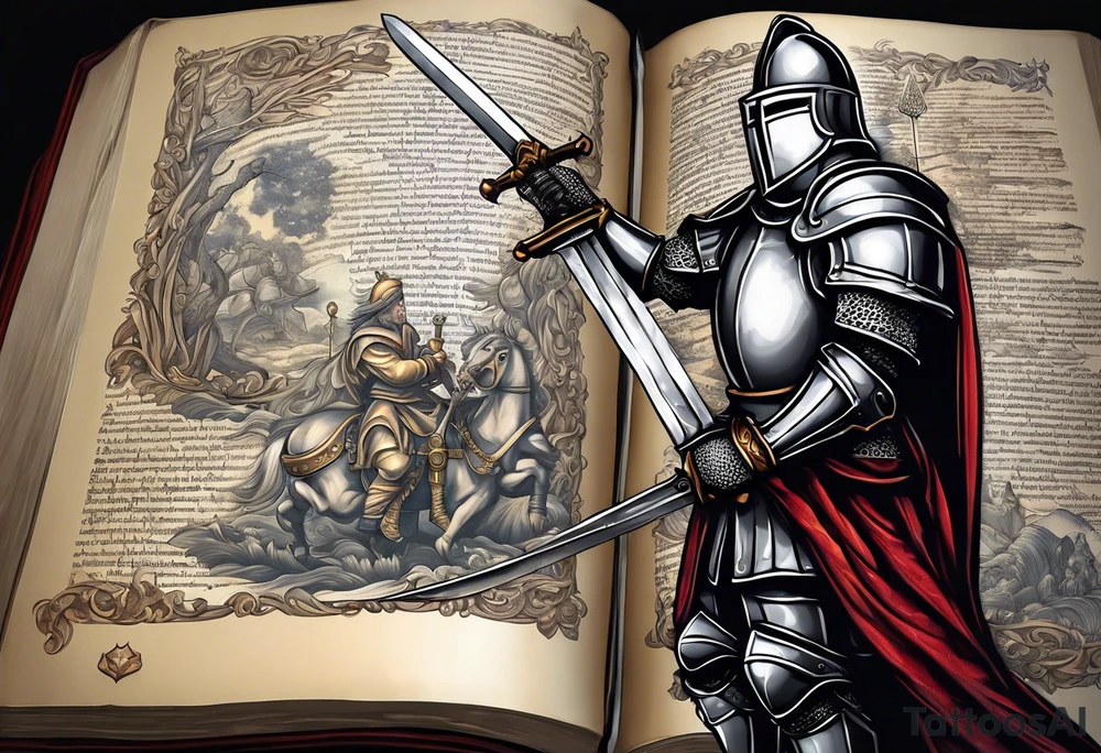a knight pulling a sword out of an open bible tattoo idea