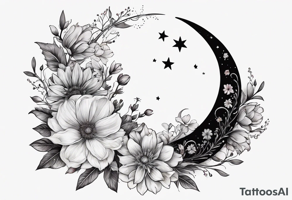 Waxing crescent moon made out of flowers tattoo idea