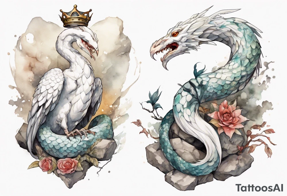 a white bird-serpent hybrid, wearing a iron crown, sitting on a stone tattoo idea