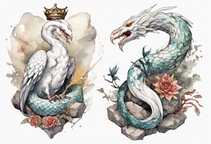 a white bird-serpent hybrid, wearing a iron crown, sitting on a stone tattoo idea