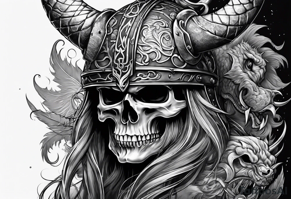 Viking skull with helmet and dragon head tattoo idea