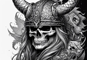 Viking skull with helmet and dragon head tattoo idea