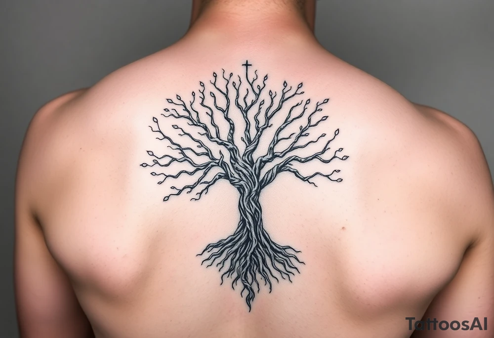 mystical tree of life with cosmic roots and celestial branches tattoo idea