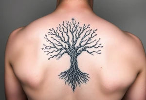 mystical tree of life with cosmic roots and celestial branches tattoo idea