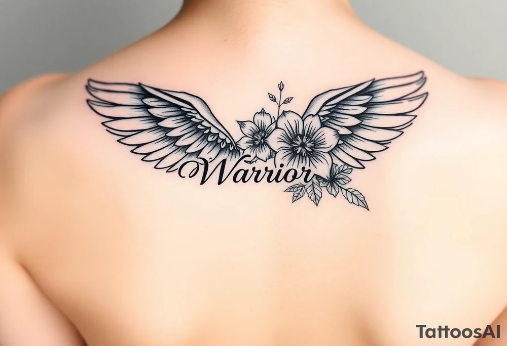 beautiful single angel wing with majestic flowers with word "Warrior" tattoo idea