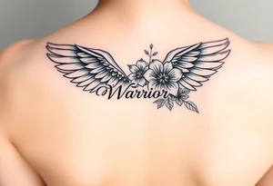 beautiful single angel wing with majestic flowers with word "Warrior" tattoo idea