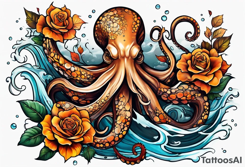 masculine abstract left thigh tattoo with a large long flowing octopus in water swirls wrapping around rocks, with a rose, in fall colors with some small leaves and fall elements tattoo idea