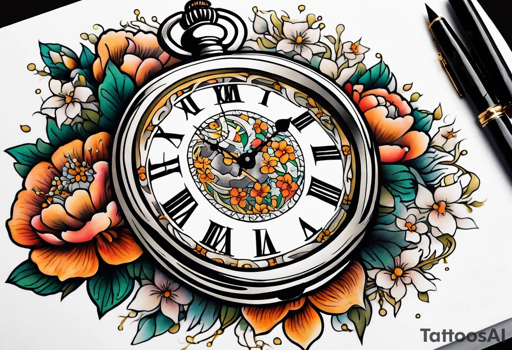 Open Hinged pocket watch surrounded with flowers in remembrance of a deceased friend tattoo idea
