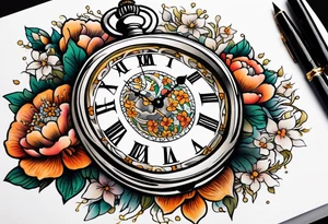 Open Hinged pocket watch surrounded with flowers in remembrance of a deceased friend tattoo idea