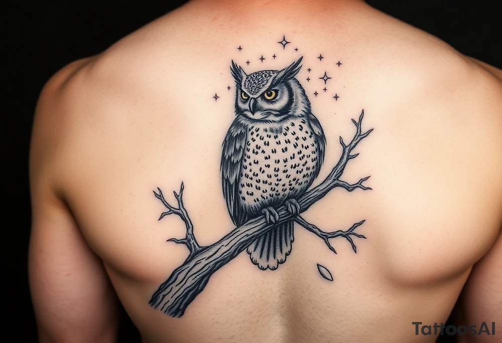 wise owl perched on ancient oak branch under starlit sky tattoo idea