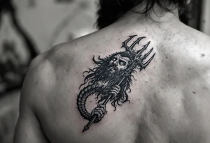 funny poseidon, behind a trident, looking at the sky tattoo idea