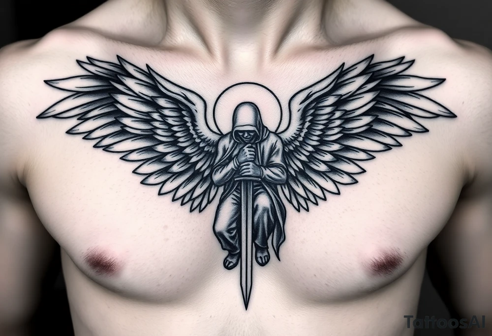 Soldier Angel with long sword kneeling looking down cloak over head wings spread tattoo idea, upper chest tattoo idea