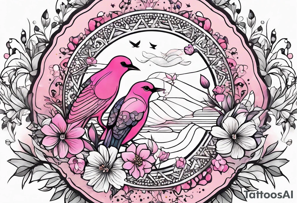 Small Pink flowers with decorative dott pattern, a bird and libra tattoo idea