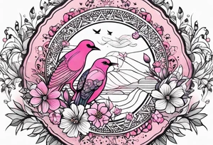 Small Pink flowers with decorative dott pattern, a bird and libra tattoo idea