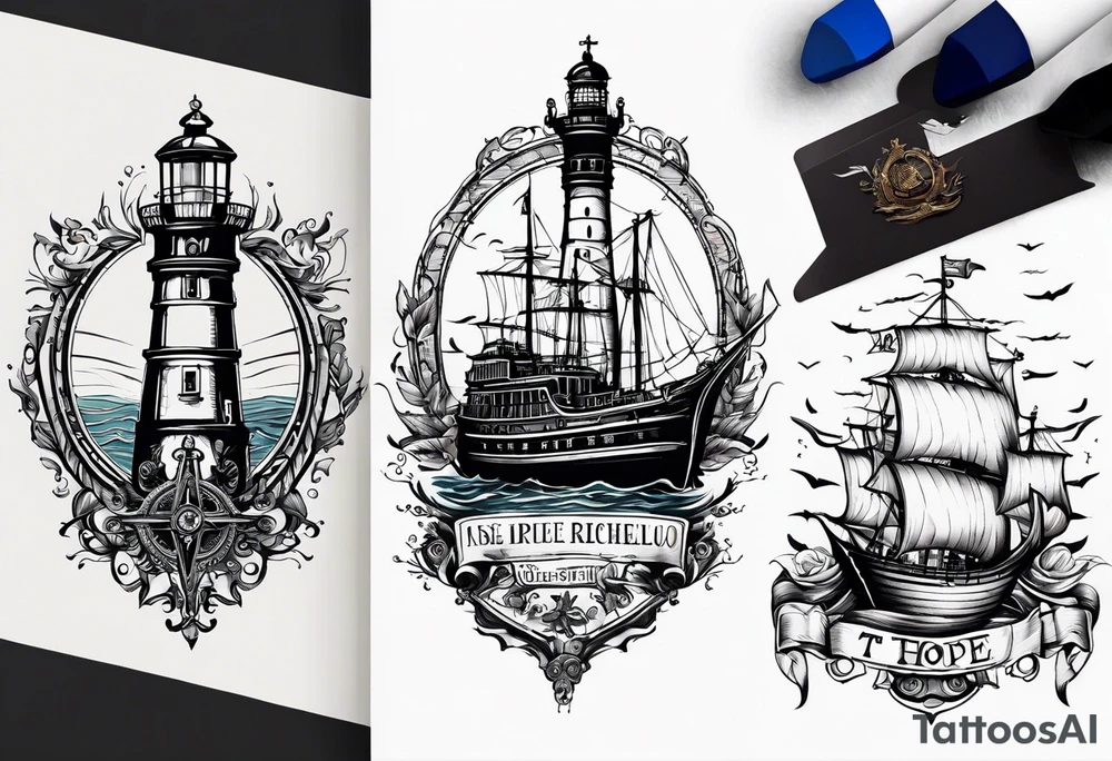 The tattoo represents a harmonious maritime landscape of Odessa: Duke de Richelieu in the center, the steering wheel symbolizing determination, the lighthouse representing hope, and the Potemkin Stairs and the sea reflecting history and freedom. tattoo idea