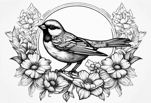 mens neck sleeve sparrow, om symbol, cosmos, iris, daisy, add sun rays and
 clouds tattoo idea