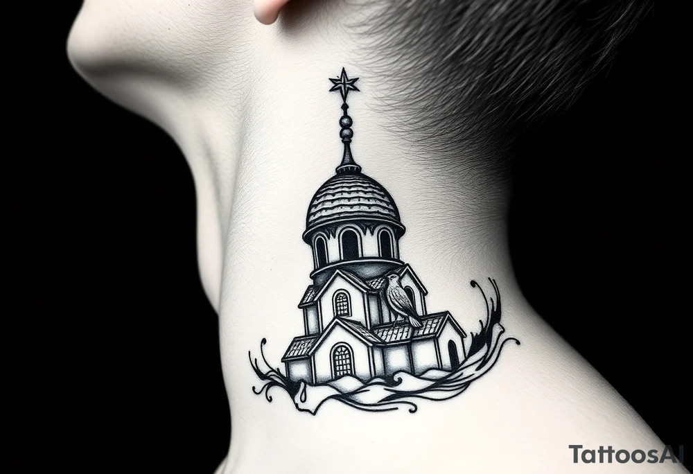 Flowing Scene

A onion dome orthodox church
Virgin Mary in prayer pose wrapping around the lower neck curve
A small eagle or just the star tucked above the dome near the hairline tattoo idea