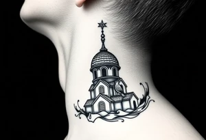 Flowing Scene

A onion dome orthodox church
Virgin Mary in prayer pose wrapping around the lower neck curve
A small eagle or just the star tucked above the dome near the hairline tattoo idea