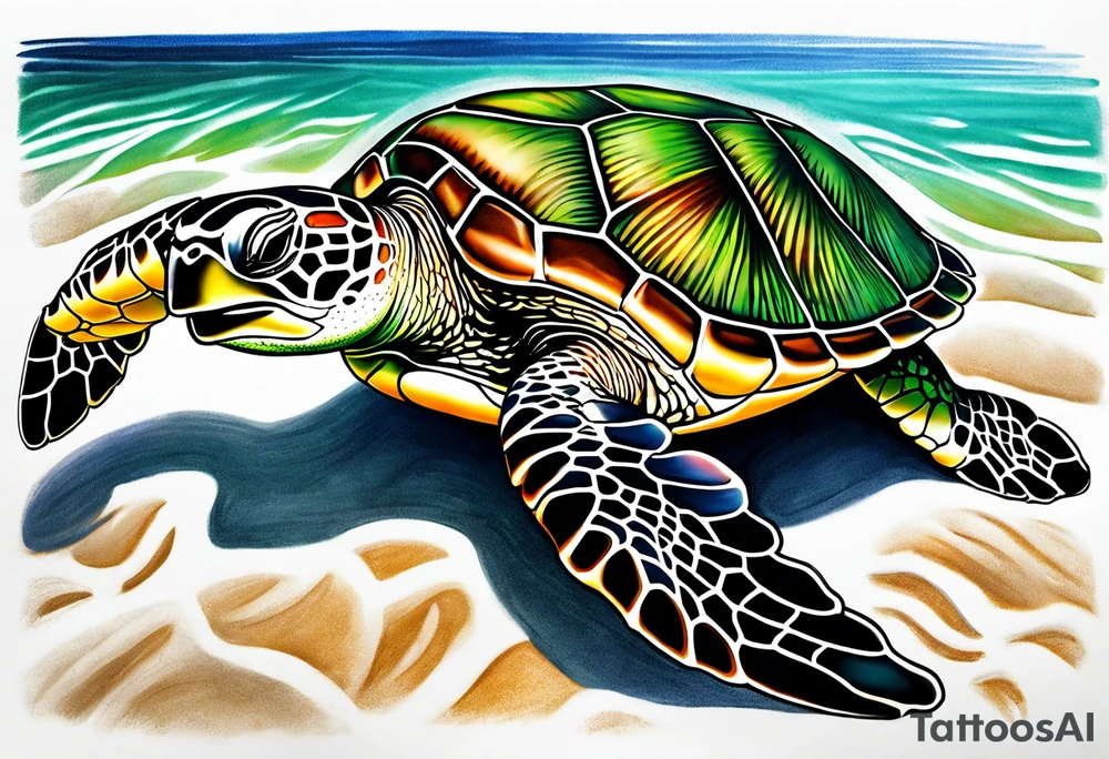 green sea turtle on beach tattoo idea