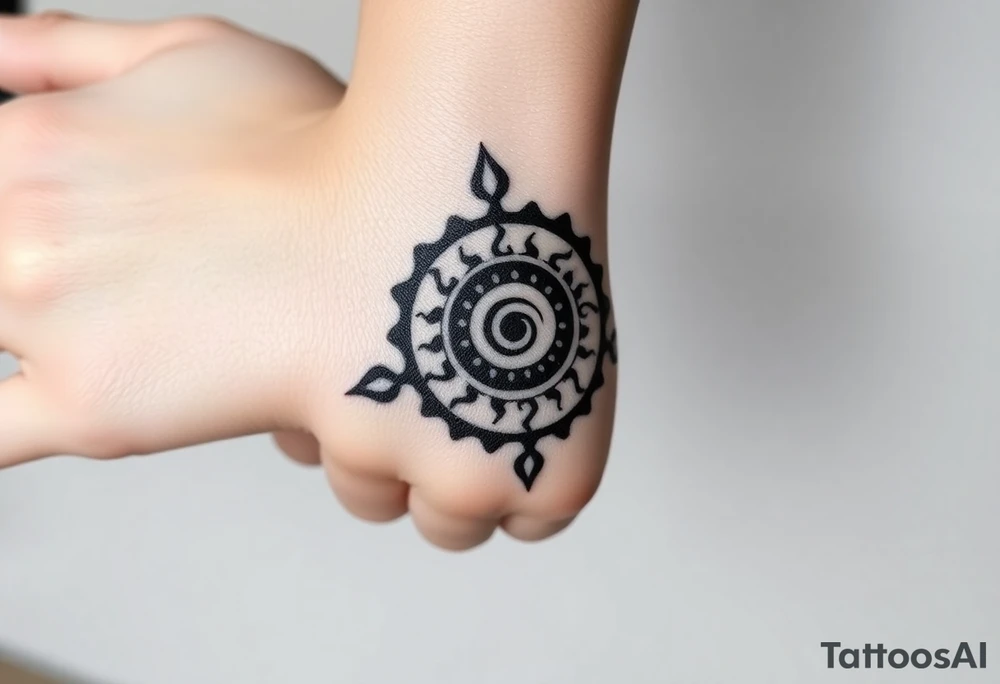 Create a tattoo that writes the Hindi word "Anichya" with A circle or spiral, which represents the cyclical nature of life and death tattoo idea