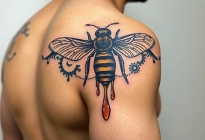 honeycomb with bee and dripping honey on a steampunk design on the upper arm tattoo idea