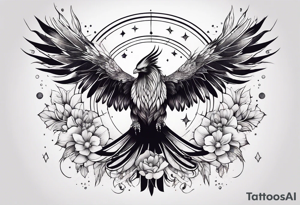 Constellation, animal phoenix , snow , géométric , flower tattoo idea