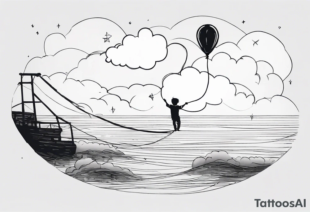tatoo in sketch style only.
A little boy is holding a string to the hearth shaped baloon.
boy should be drawed from behinfd anhas one hand reaching up in 45 degree angle and holding the baloon string
the string has a big wave look like a hearbeat pulse.
hearth party baloon is tattoo idea