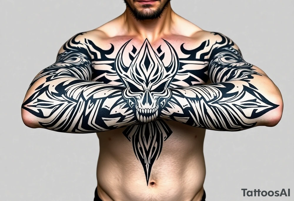 The Fiend top center piece of sleeve with Polynesian tribal design surrounding covering up old tattoo tattoo idea