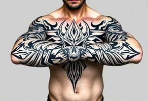 The Fiend top center piece of sleeve with Polynesian tribal design surrounding covering up old tattoo tattoo idea