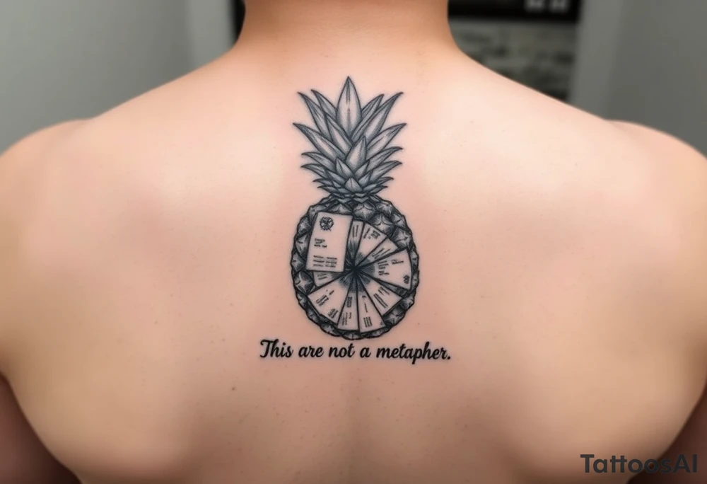 "Pineapple cross-section tattoo: slices are receipts with 'This is not a metaphor'. Black ink, surrealism." tattoo idea