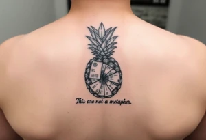 "Pineapple cross-section tattoo: slices are receipts with 'This is not a metaphor'. Black ink, surrealism." tattoo idea