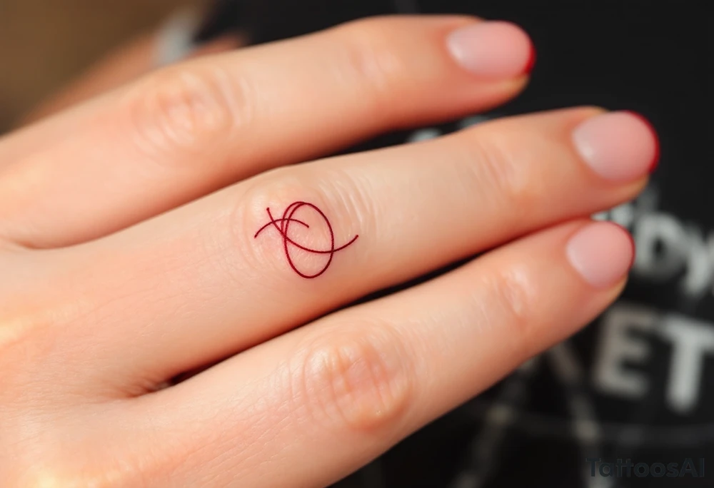 A tiny, delicate red band looped around the finger tattoo idea