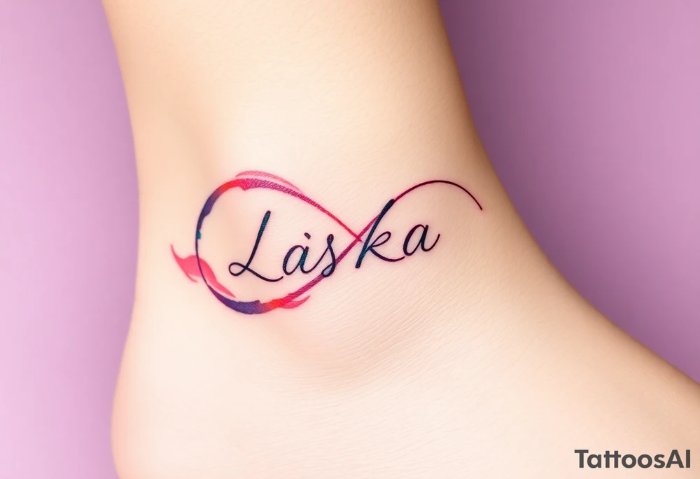 A watercolor infinity design in pastel pink and purple hues, with "Láska" softly blending into the curves, creating a dreamy effect. tattoo idea