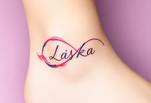A watercolor infinity design in pastel pink and purple hues, with "Láska" softly blending into the curves, creating a dreamy effect. tattoo idea