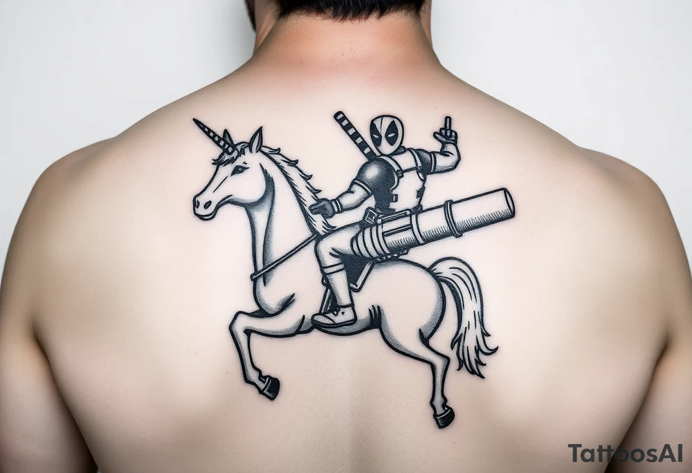 Deadpool riding unicorn pointing rocket propelled grenade launcher tattoo idea Deadpool riding unicorn pointing rocket propelled grenade launcher tattoo idea