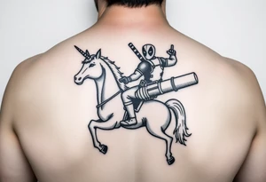Deadpool riding unicorn pointing rocket propelled grenade launcher tattoo idea
