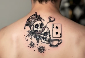 The queen of hearts opening the white rabbits skull exposing its brain, with the ace of spades and then the mad Hatter is pouring tea into the white rabbits head tattoo idea